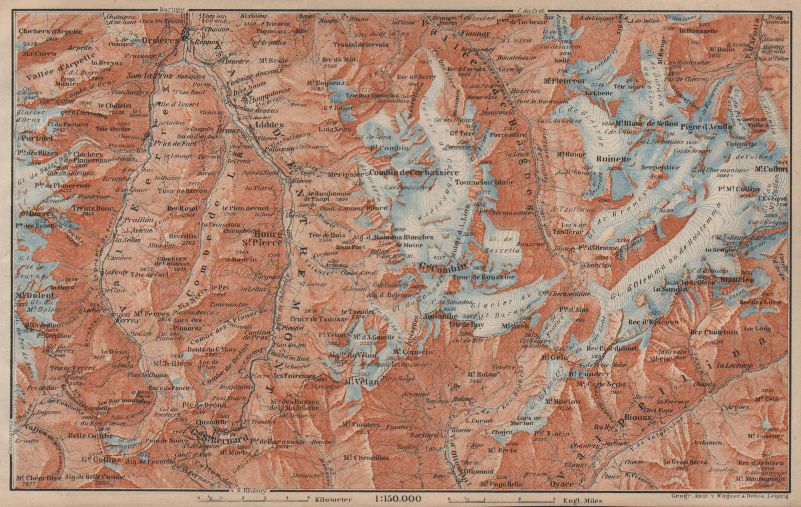 GRAND ST BERNARD ENVIRONS Arolla Grand Combin Massif Orsières Mt Velan 1905 map
